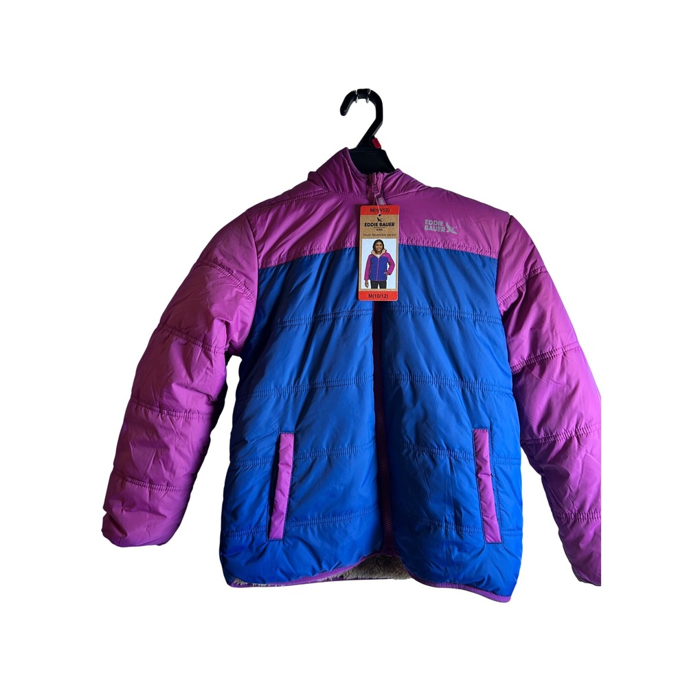 Eddie Bauer Reversible Jacket M 10/12 Magenta Blue Sherpa Puffer Youth Kids